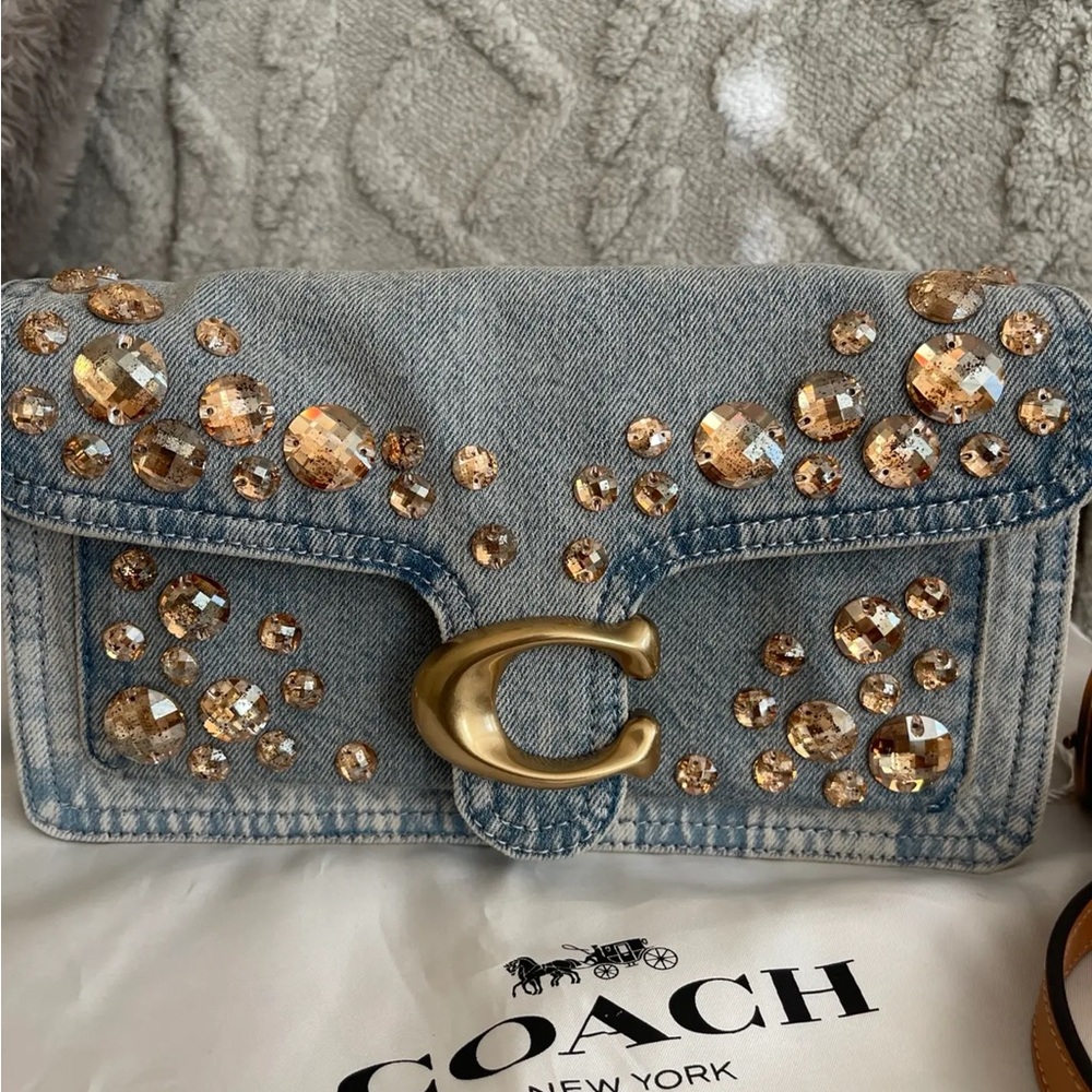 Coach Tabby 26 Denim Shoulder Bag Crystal Embellished Blue Gold Crossbody NWT - Picture 9 of 12